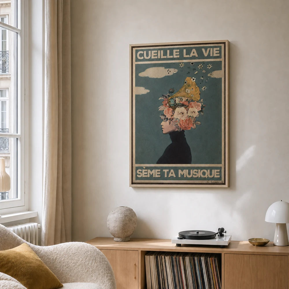 Mise en scène d’un coin musique contemporain avec la toile Cueille la vie, sème ta musique