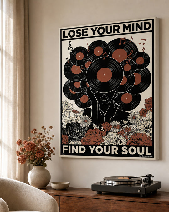 “Lose your mind, find your soul” canvas in a bright interior