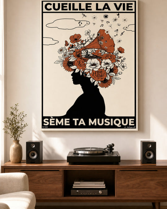 Toile « Cueille la vie, sème ta musique » dans un intérieur lumineux