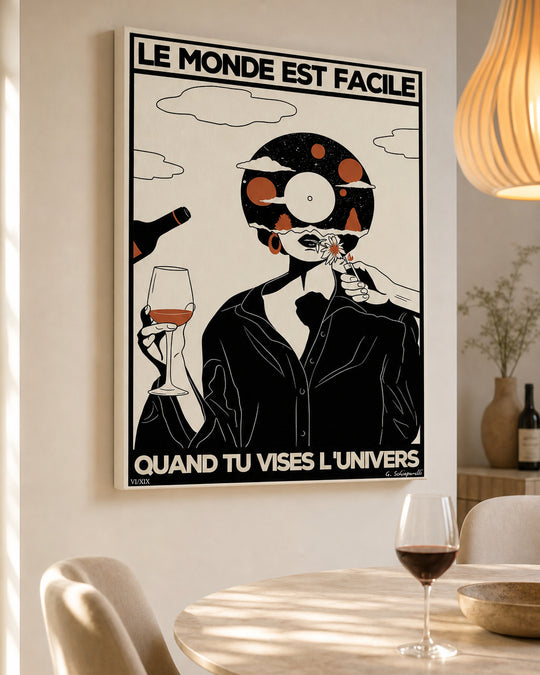 Toile « Le monde est facile quand tu vises l'Univers — 01 » dans un intérieur lumineux