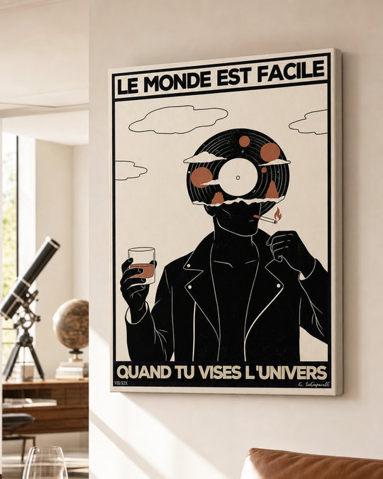 Toile « Le monde est facile quand tu vises l'Univers — 02 » dans un intérieur lumineux