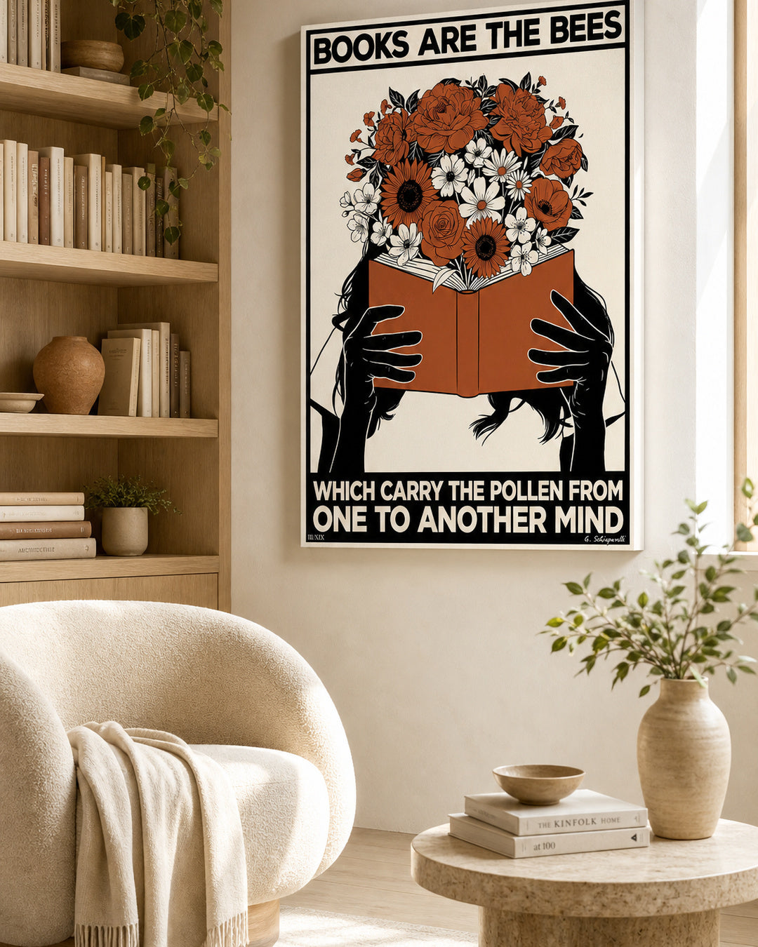 “Books are the bees which carry the pollen from one to another mind” canvas in a bright interior