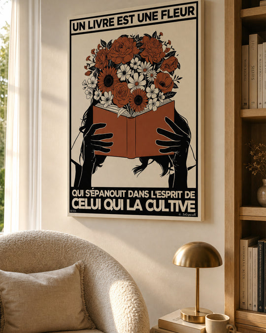 Toile « Un livre est une fleur qui s'épanouit dans l'esprit de celui qui la cultive » dans un intérieur lumineux