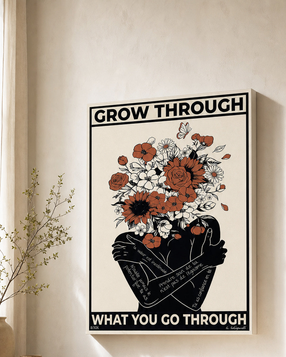 “Grow through what you go through” canvas in a bright interior