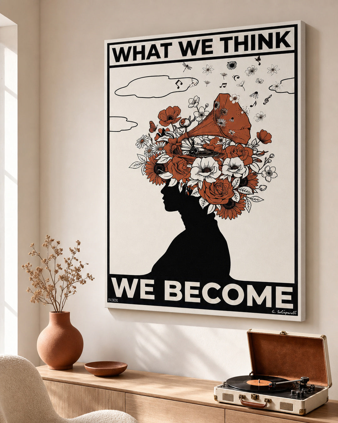 “What we think, we become” canvas in a bright interior