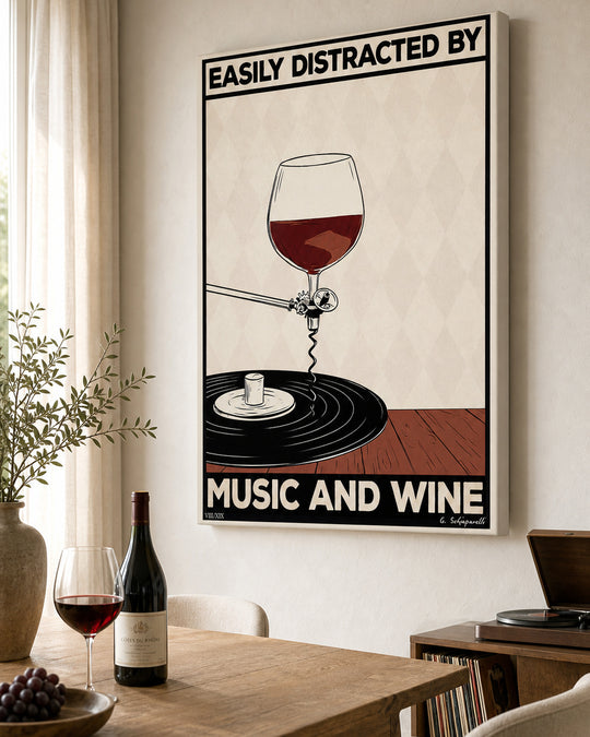 “Easily distracted by music and wine” canvas in a bright interior