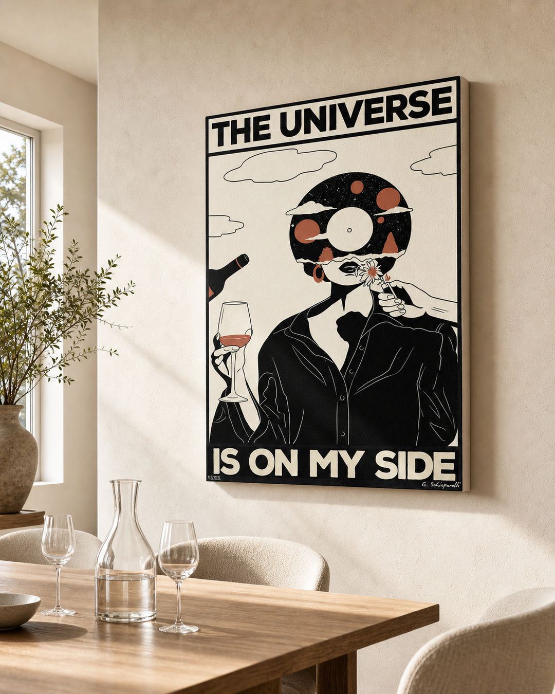 “The universe is on my side — 01” canvas in a bright interior