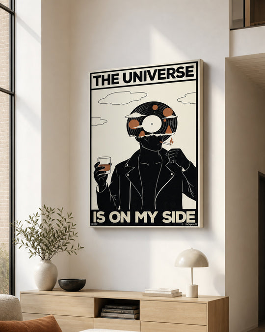 “The universe is on my side — 02” canvas in a bright interior