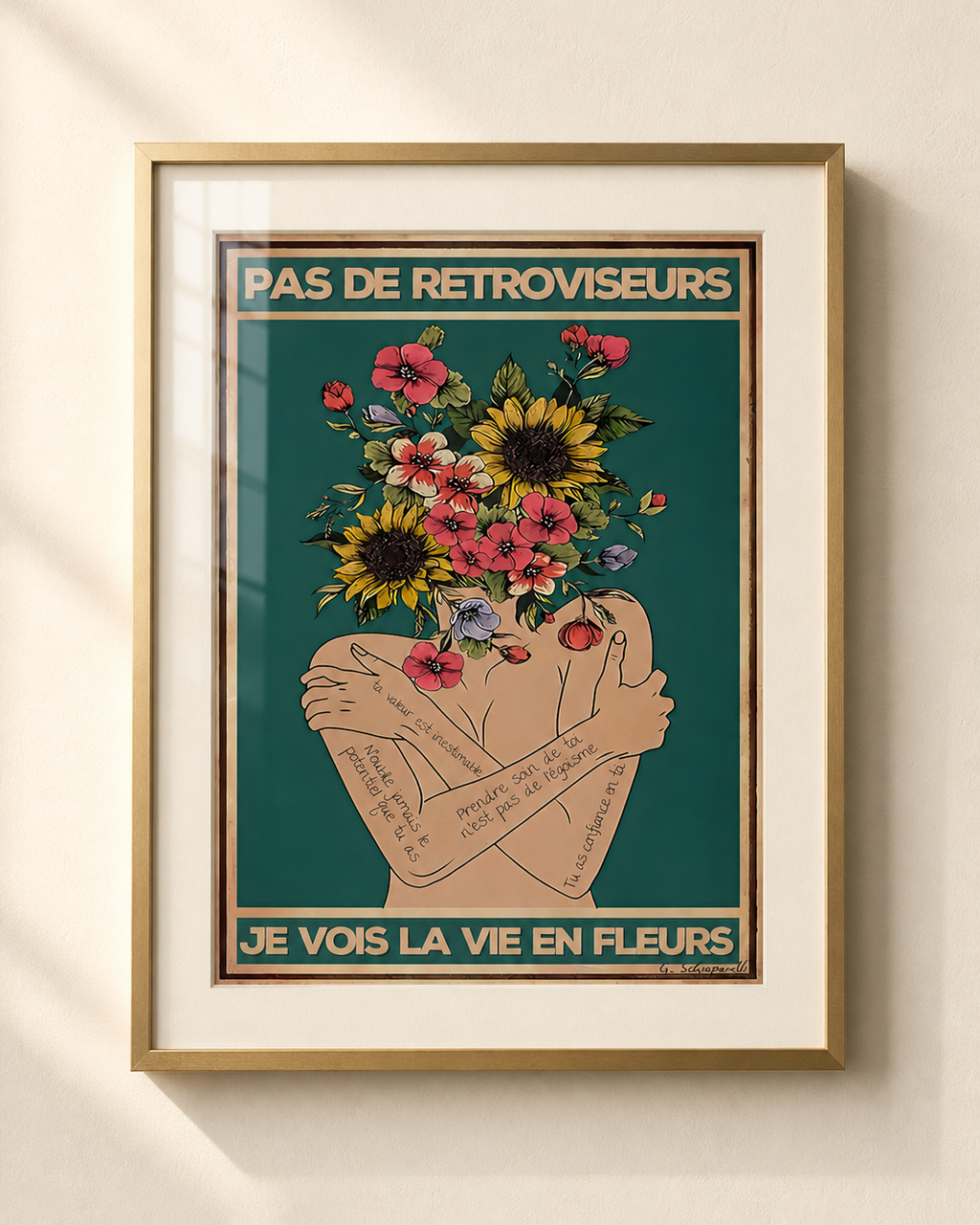 Mockup van het canvas « Geen achteruitkijkspiegels, ik zie het leven in bloemen » — testvoorbeeld