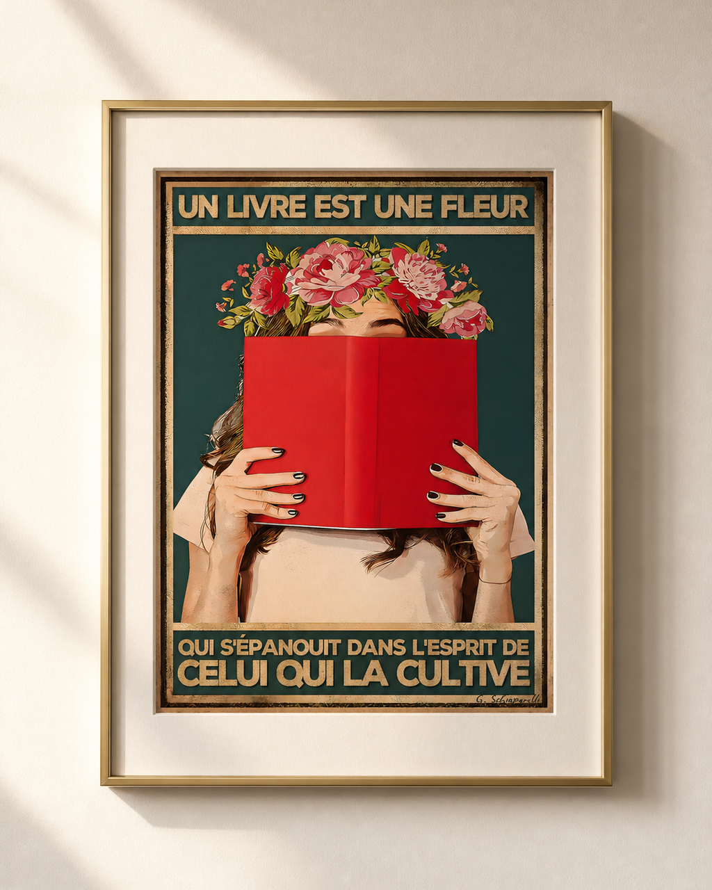 Mockup van het canvas « Een boek is een bloem die bloeit in de geest van degene die haar verzorgt » — testvoorbeeld
