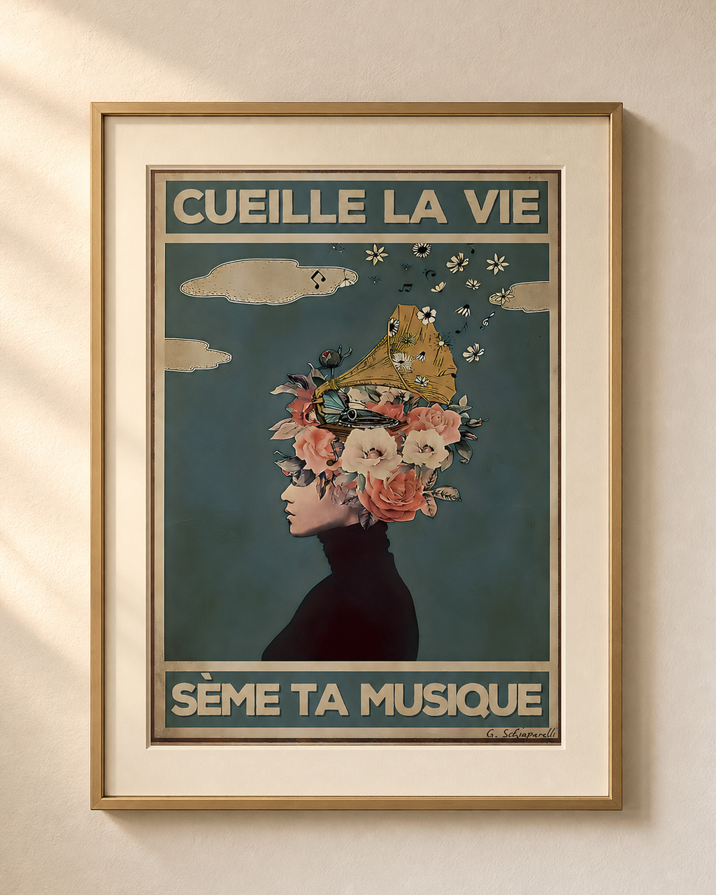 Mock-up van het doek « Pluk het leven, zaai je muziek » — testvoorbeeld