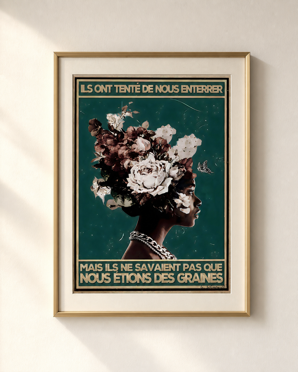 Mockup van het doek « Ze probeerden ons te begraven, maar ze wisten niet dat wij zaadjes waren » — testvoorbeeld