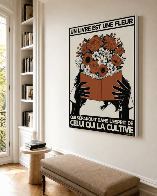 Mise en scène intérieure de la toile « Un livre est une fleur qui s'épanouit dans l'esprit de celui qui la cultive »