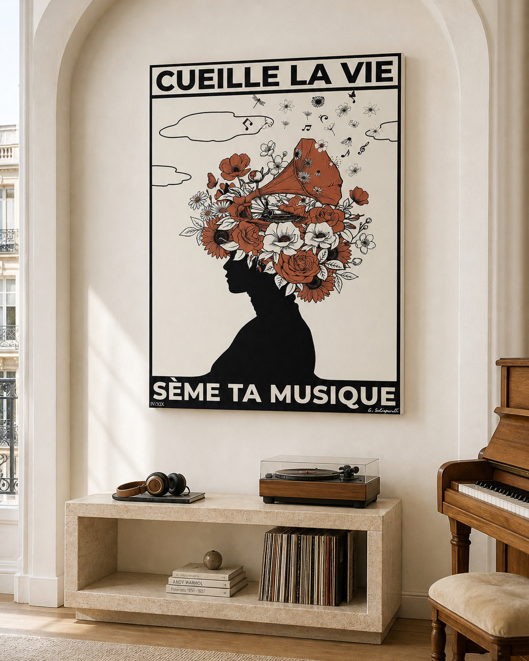 Mise en scène intérieure de la toile « Cueille la vie, sème ta musique »