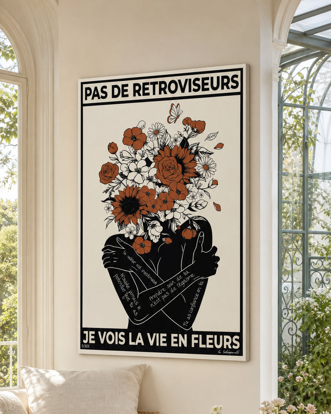 Mise en scène intérieure de la toile « Pas de rétroviseurs, je vois la vie en fleurs »