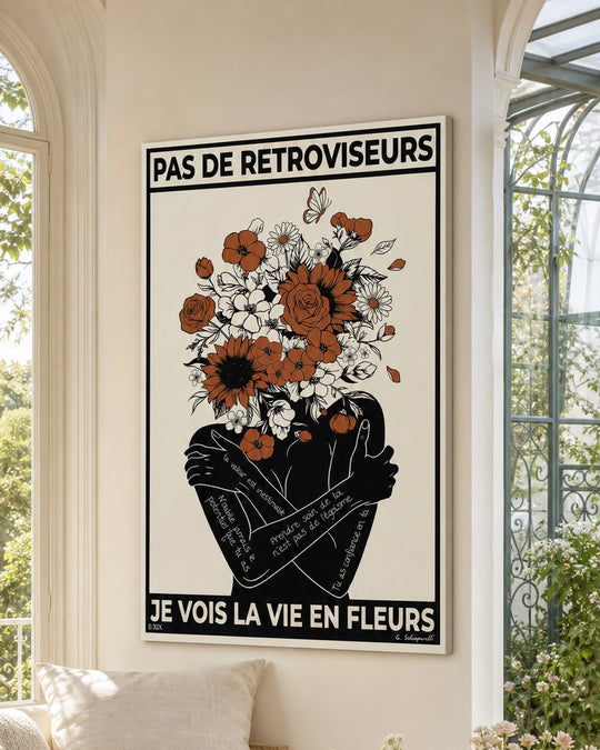 Mise en scène intérieure de la toile « Pas de rétroviseurs, je vois la vie en fleurs »