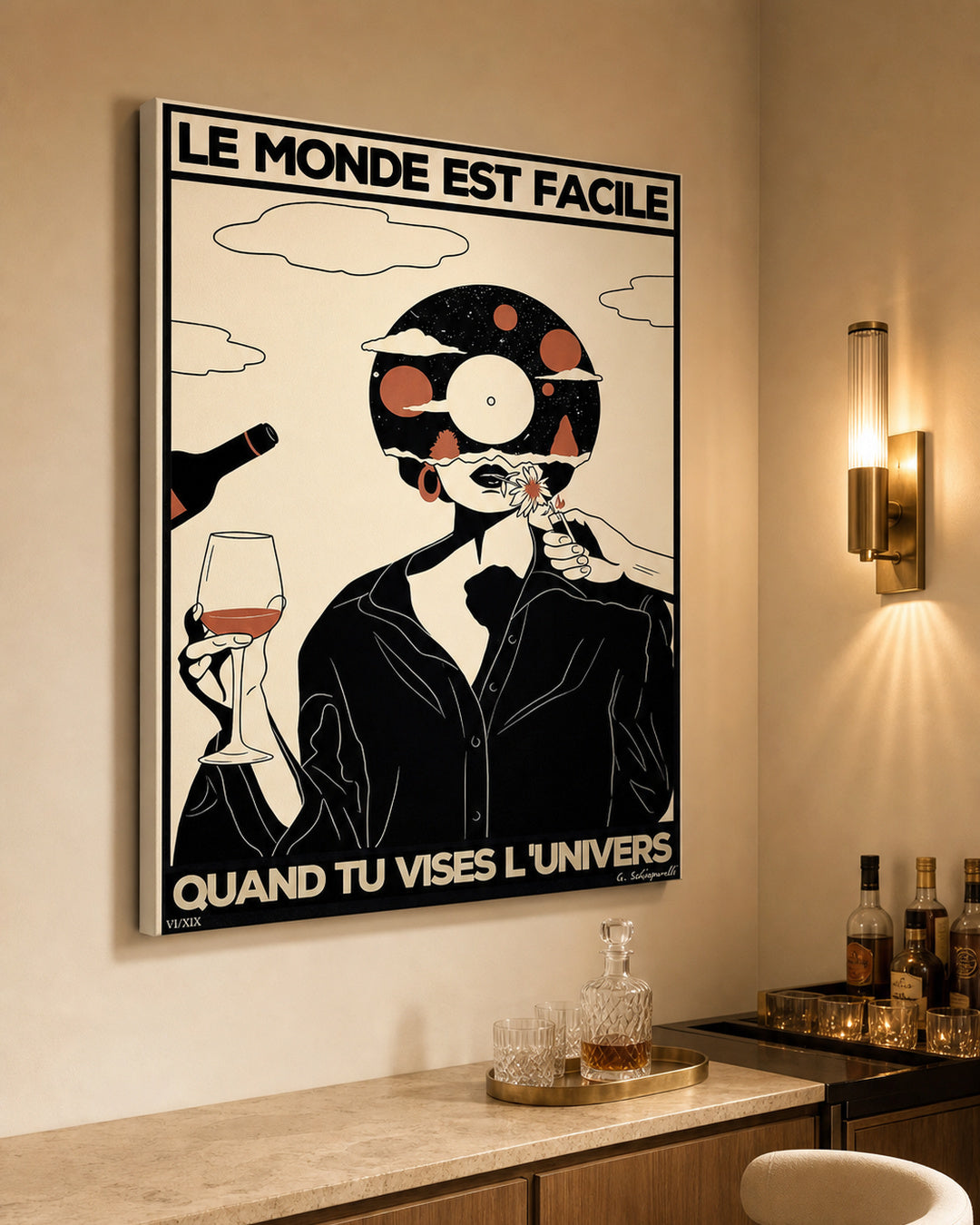 Mise en scène intérieure de la toile « Le monde est facile quand tu vises l'Univers — 01 »