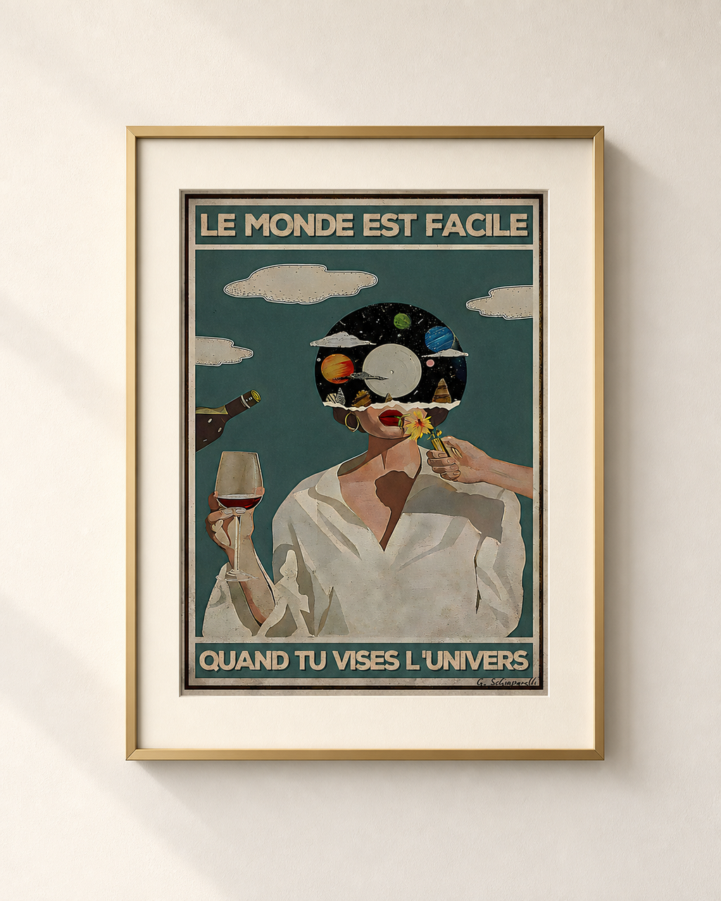 Mockup van het doek « De wereld is gemakkelijk als je op het universum mikt » — testvoorvertoning