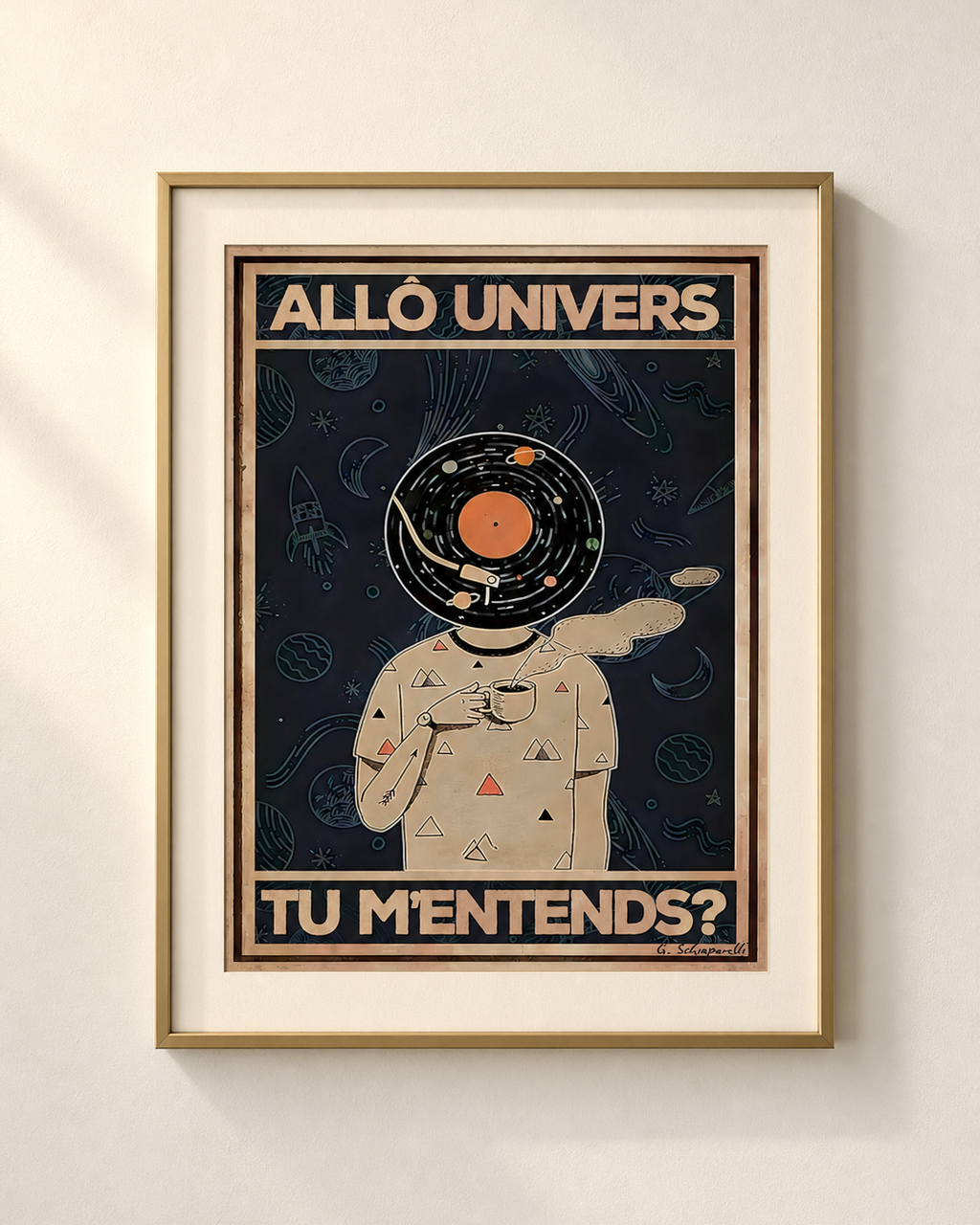 Mock-up van het doek « Hallo universum, hoor je me? » — testvoorbeeld
