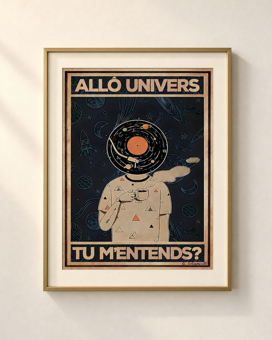 Mock-up van het doek « Hallo universum, hoor je me? » — testvoorbeeld