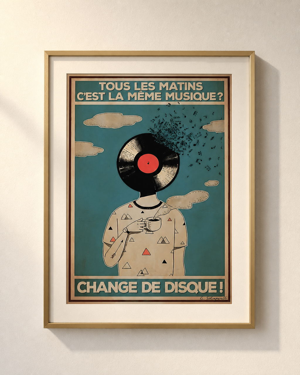 Mockup van het canvas « Elke ochtend dezelfde muziek? Verander van plaat! » — testvoorbeeld