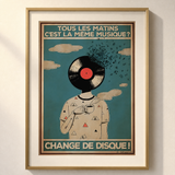 Mockup van het canvas « Elke ochtend dezelfde muziek? Verander van plaat! » — testvoorbeeld