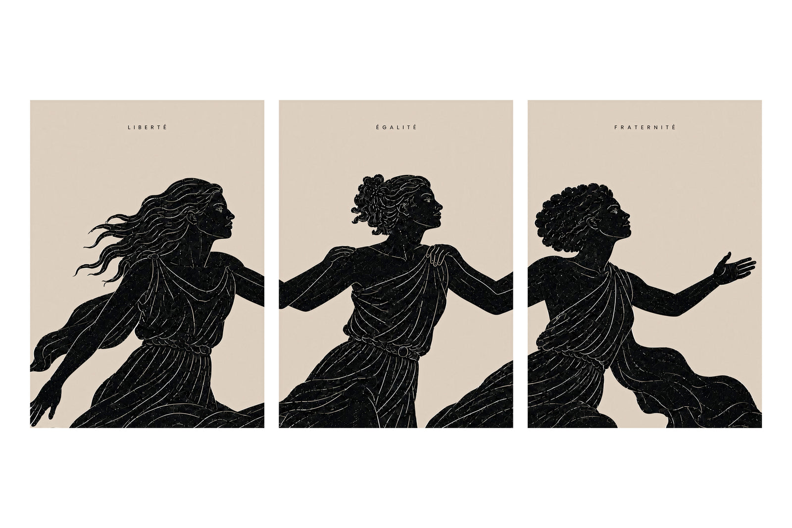 Triptyque — Liberté, Égalité, Fraternité présenté en trois panneaux