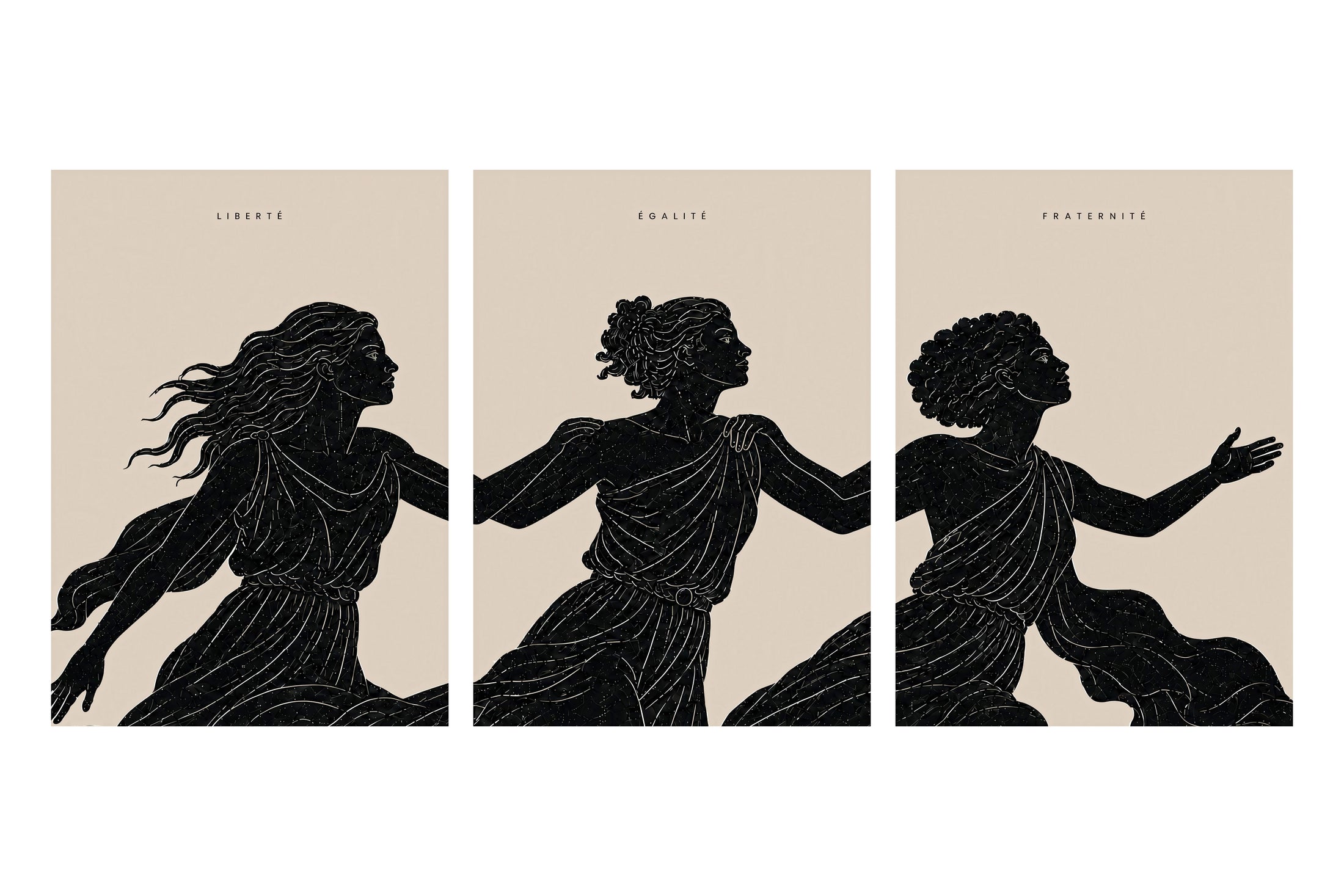 Triptyque — Liberté, Égalité, Fraternité présenté en trois panneaux