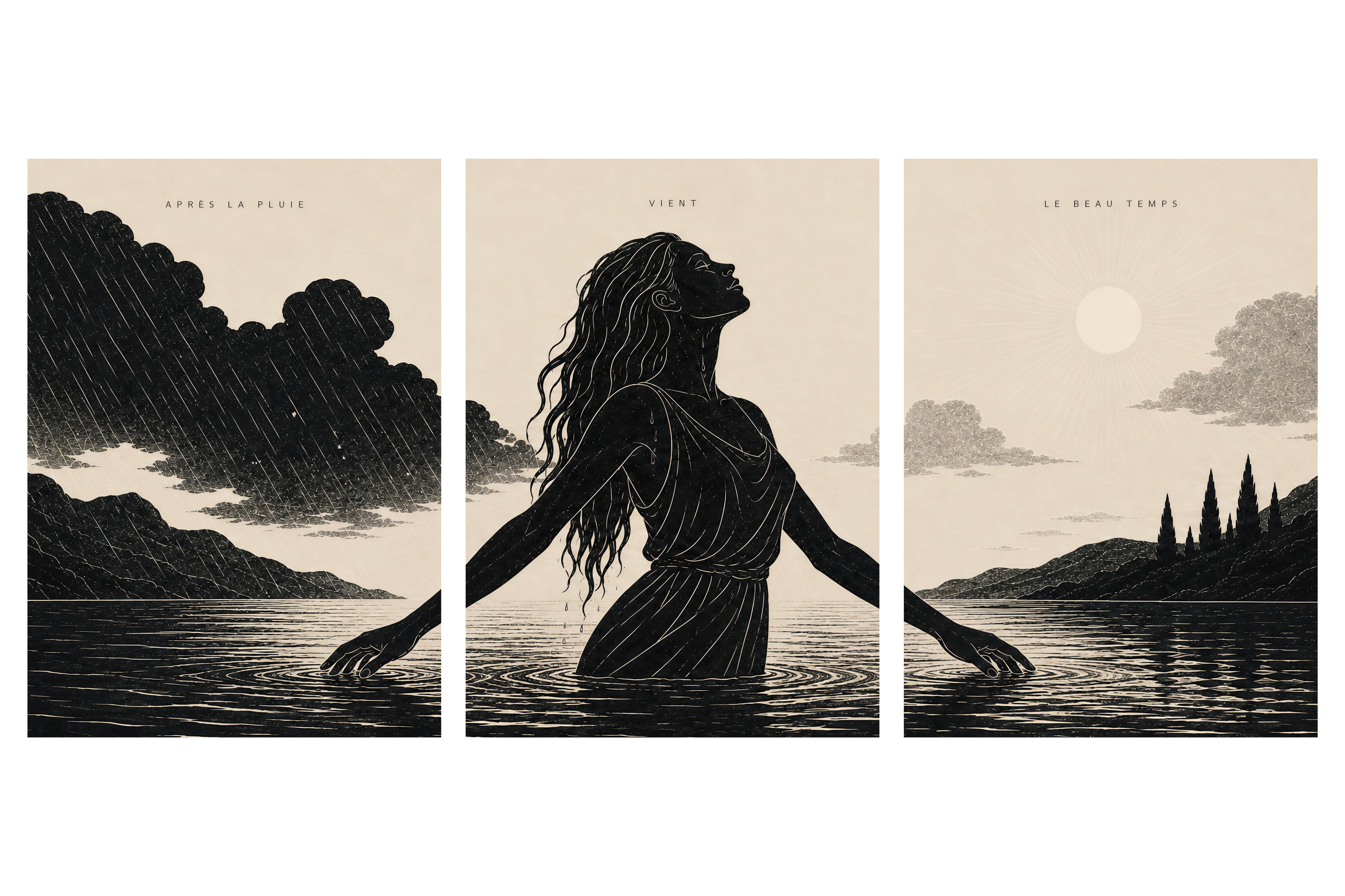 Triptyque — Na de regen komt zonneschijn, gepresenteerd in drie panelen