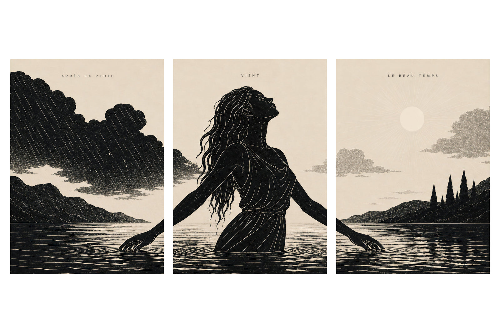 Triptyque — Na de regen komt zonneschijn, gepresenteerd in drie panelen