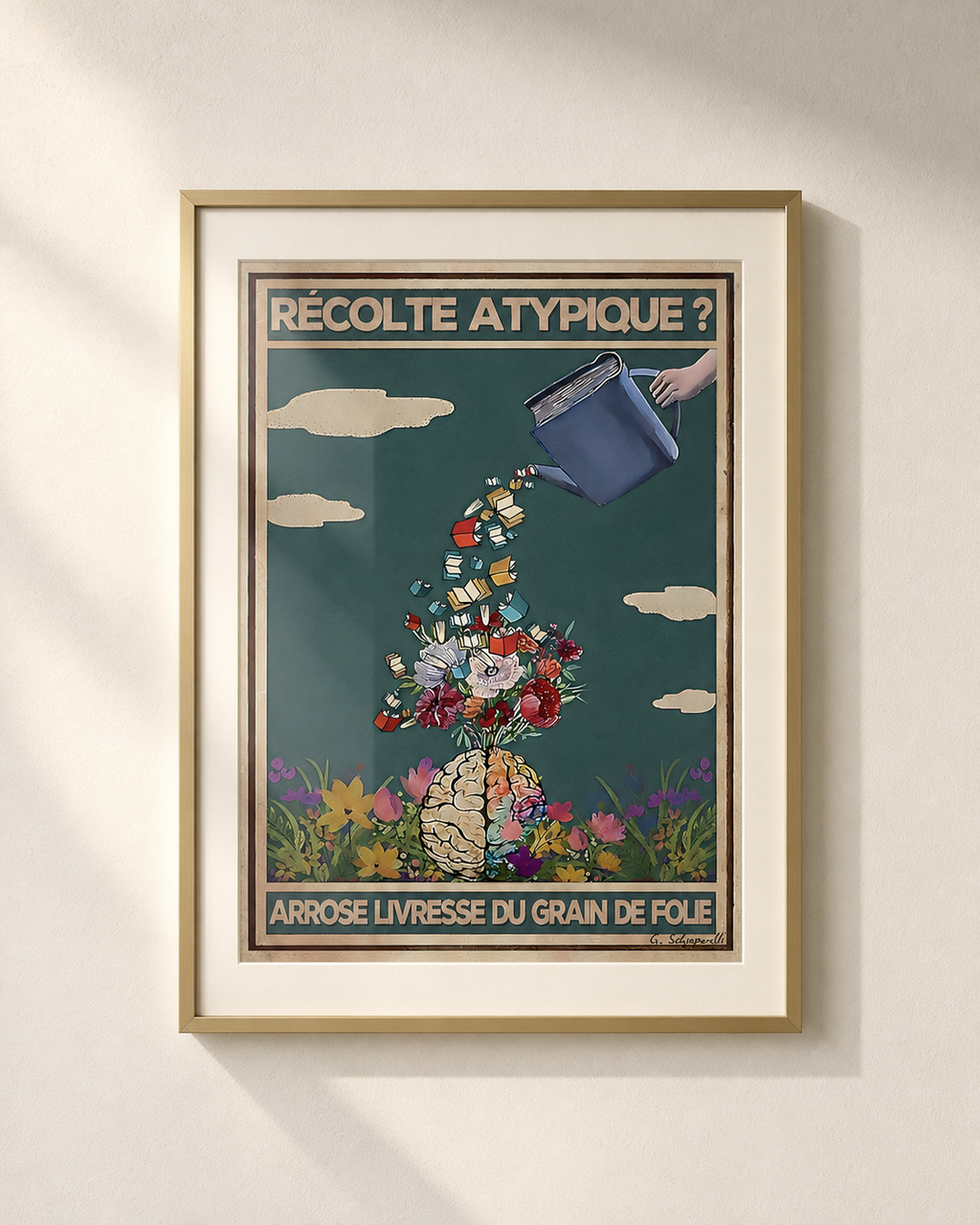 Mock-up van het doek « Atypische oogst? Geef de roes van een snufje gekte water » — testvoorbeeld