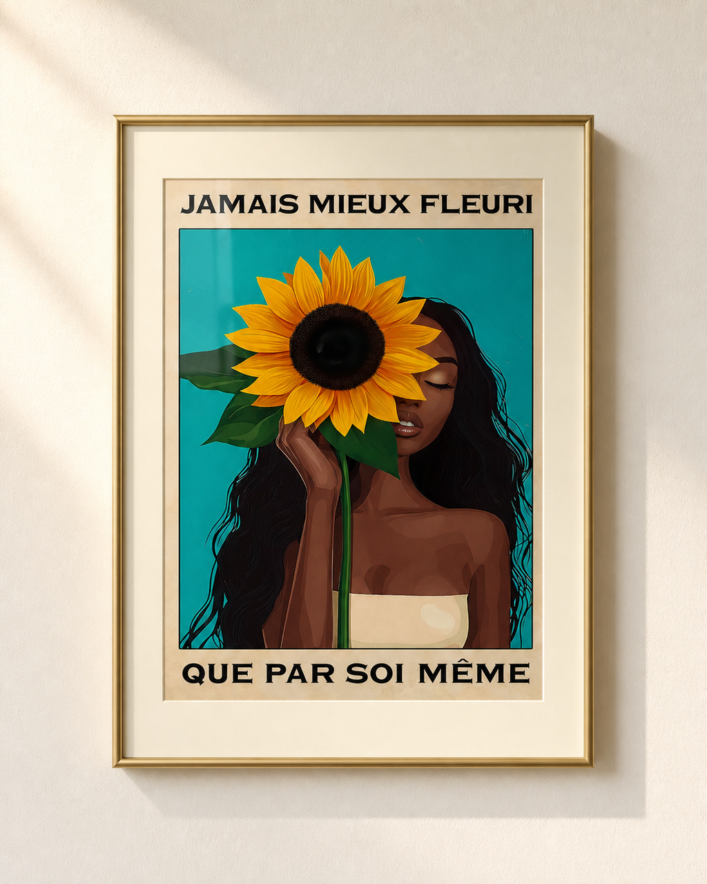 Mock-up van het doek « Nooit mooier in bloei dan door zichzelf — Zonnebloem » — testvoorbeeld