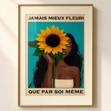 Mock-up van het doek « Nooit mooier in bloei dan door zichzelf — Zonnebloem » — testvoorbeeld