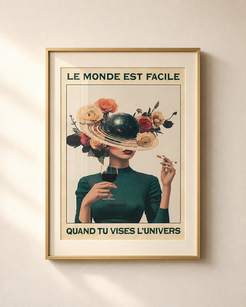 Mockup van het doek « De wereld is gemakkelijk wanneer je op het universum mikt — Floral » — testvoorbeeld