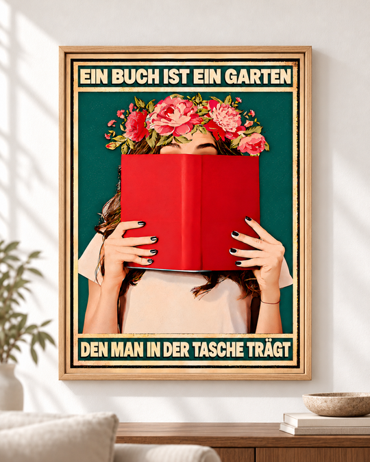 Ein Buch ist ein Garten, den man in der Tasche trägt – Wohnbeispiel (Dekorationsrahmen nicht enthalten)