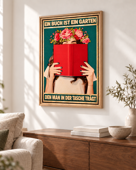 Ein Buch ist ein Garten, den man in der Tasche trägt – Wohnbeispiel (Dekorationsrahmen nicht enthalten)