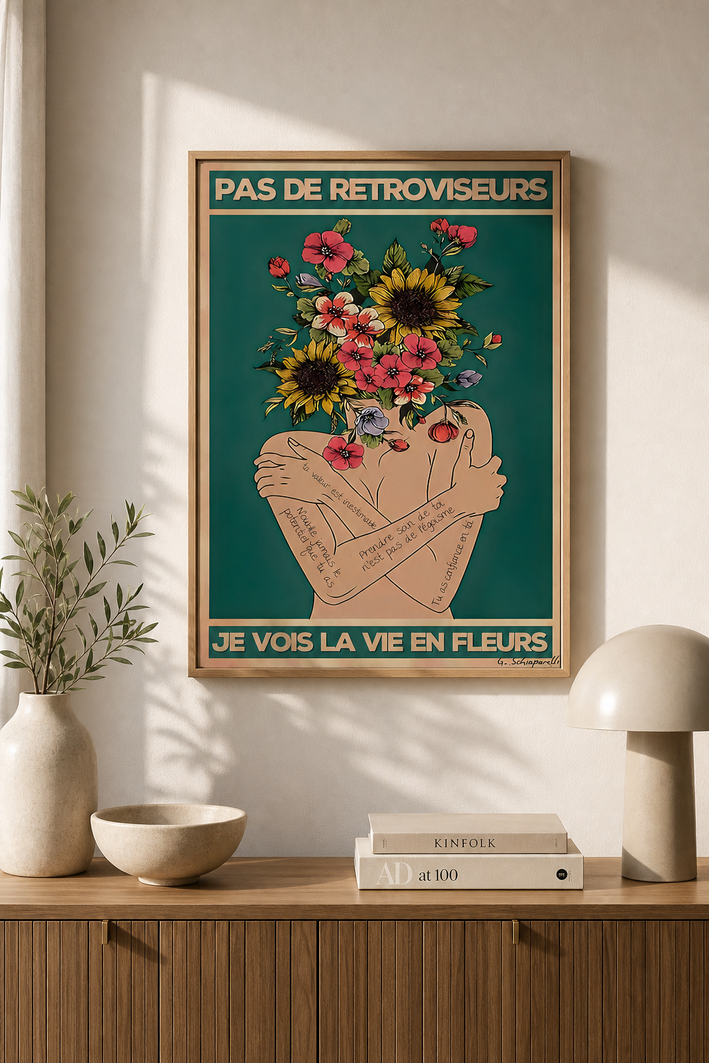 « Pas de rétroviseurs, je vois la vie en fleurs » — Art Print encadré, mise en situation 2