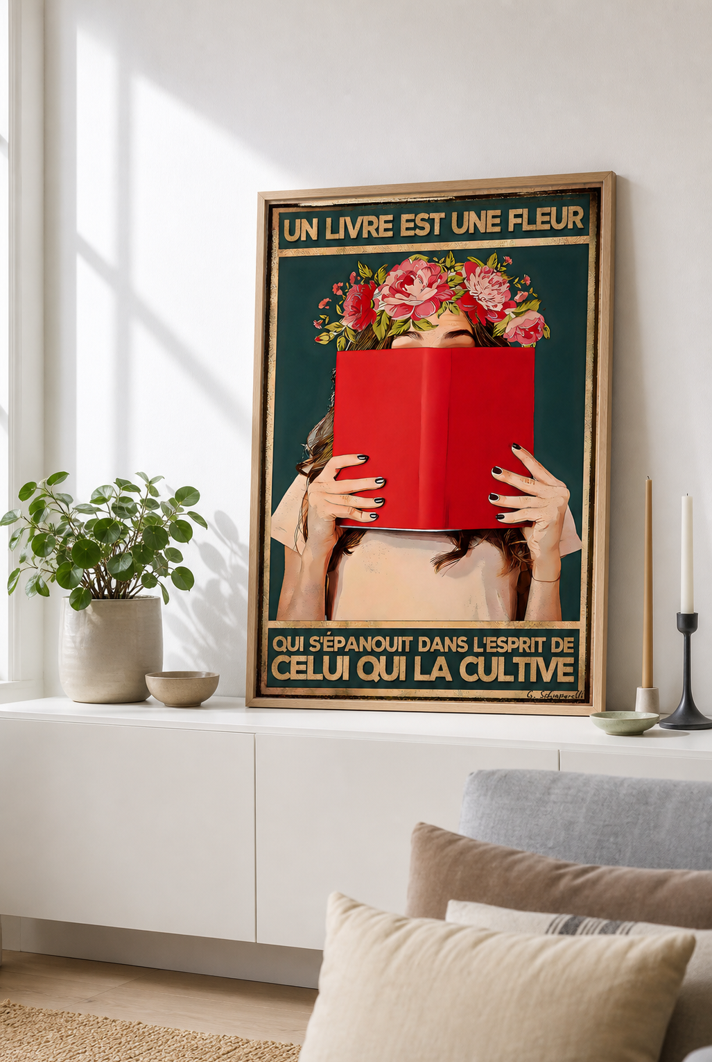 « Un livre est une fleur qui s'épanouit dans l'esprit de celui qui la cultive » — Art Print encadré, mise en situation 1