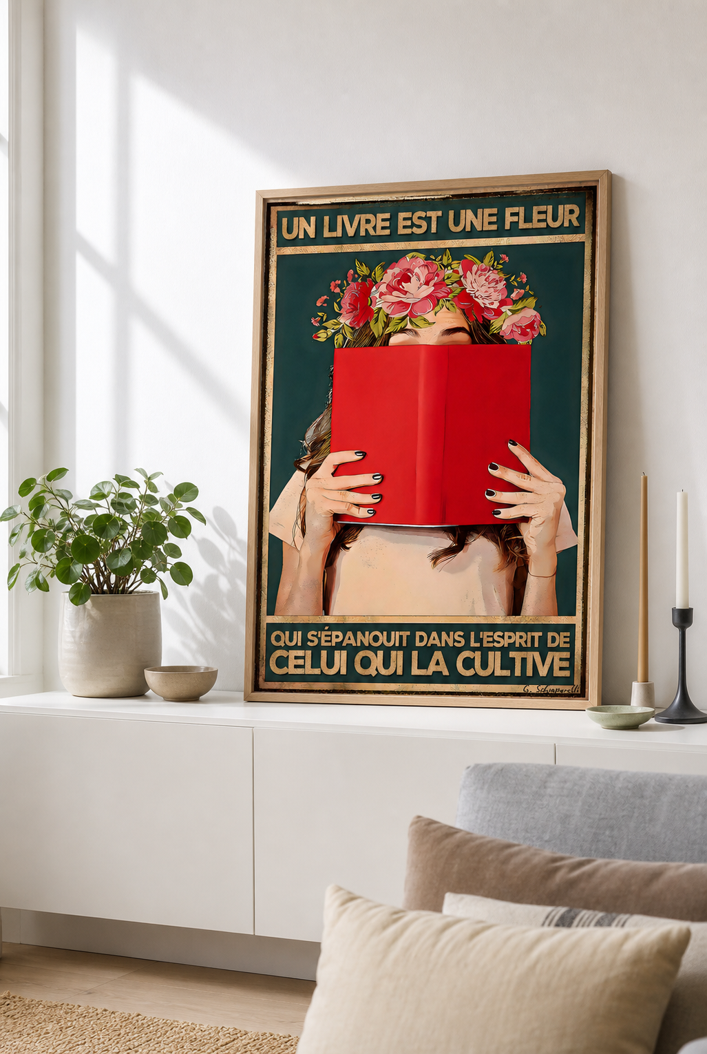 « Un livre est une fleur qui s'épanouit dans l'esprit de celui qui la cultive » — Art Print encadré, mise en situation 1