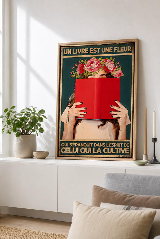 « Un livre est une fleur qui s'épanouit dans l'esprit de celui qui la cultive » — Art Print encadré, mise en situation 1