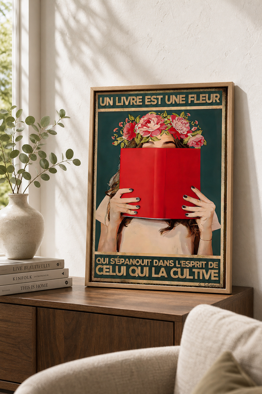 « Un livre est une fleur qui s'épanouit dans l'esprit de celui qui la cultive » — Art Print encadré, mise en situation 2