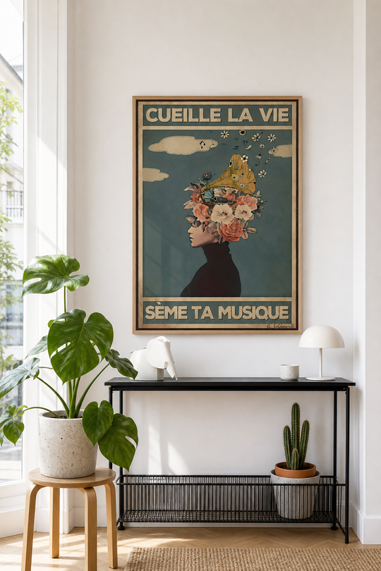 « Cueille la vie, sème ta musique » — Art Print encadré, mise en situation 1