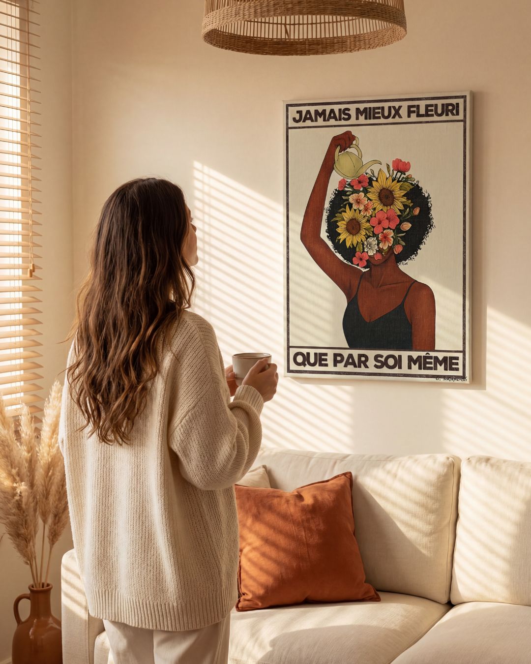 « Jamais mieux fleuri que par soi-même — Crème & Sable » — échelle de l’œuvre dans un intérieur / artwork scale in a home