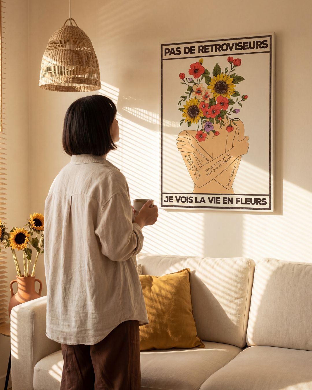 « Pas de rétroviseurs, je vois la vie en fleurs — Crème & Sable » — échelle de l’œuvre dans un intérieur / artwork scale in a home