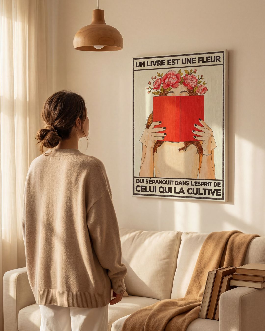 « Un livre est une fleur qui s'épanouit dans l'esprit de celui qui la cultive — Crème & Sable » — échelle de l’œuvre dans un intérieur / artwork scale in a home
