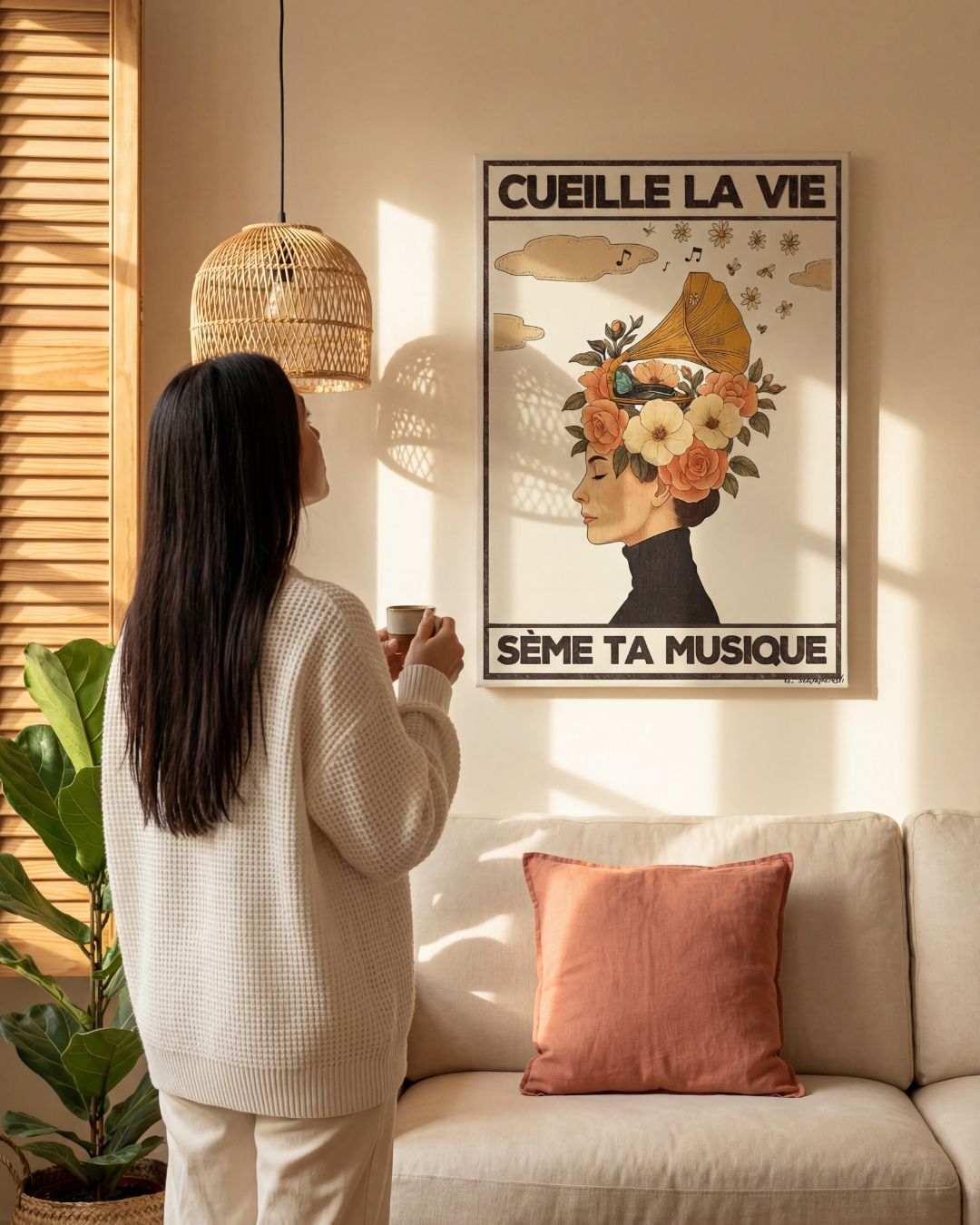 « Cueille la vie, sème ta musique — Crème & Sable » — échelle de l’œuvre dans un intérieur / artwork scale in a home