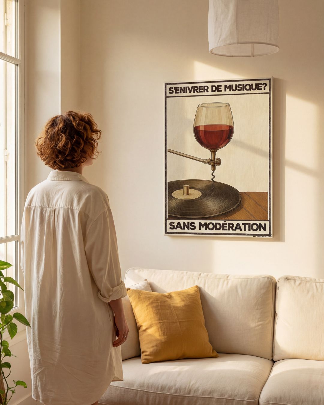 « S'enivrer de musique? Sans modération — Crème & Sable » — échelle de l’œuvre dans un intérieur / artwork scale in a home