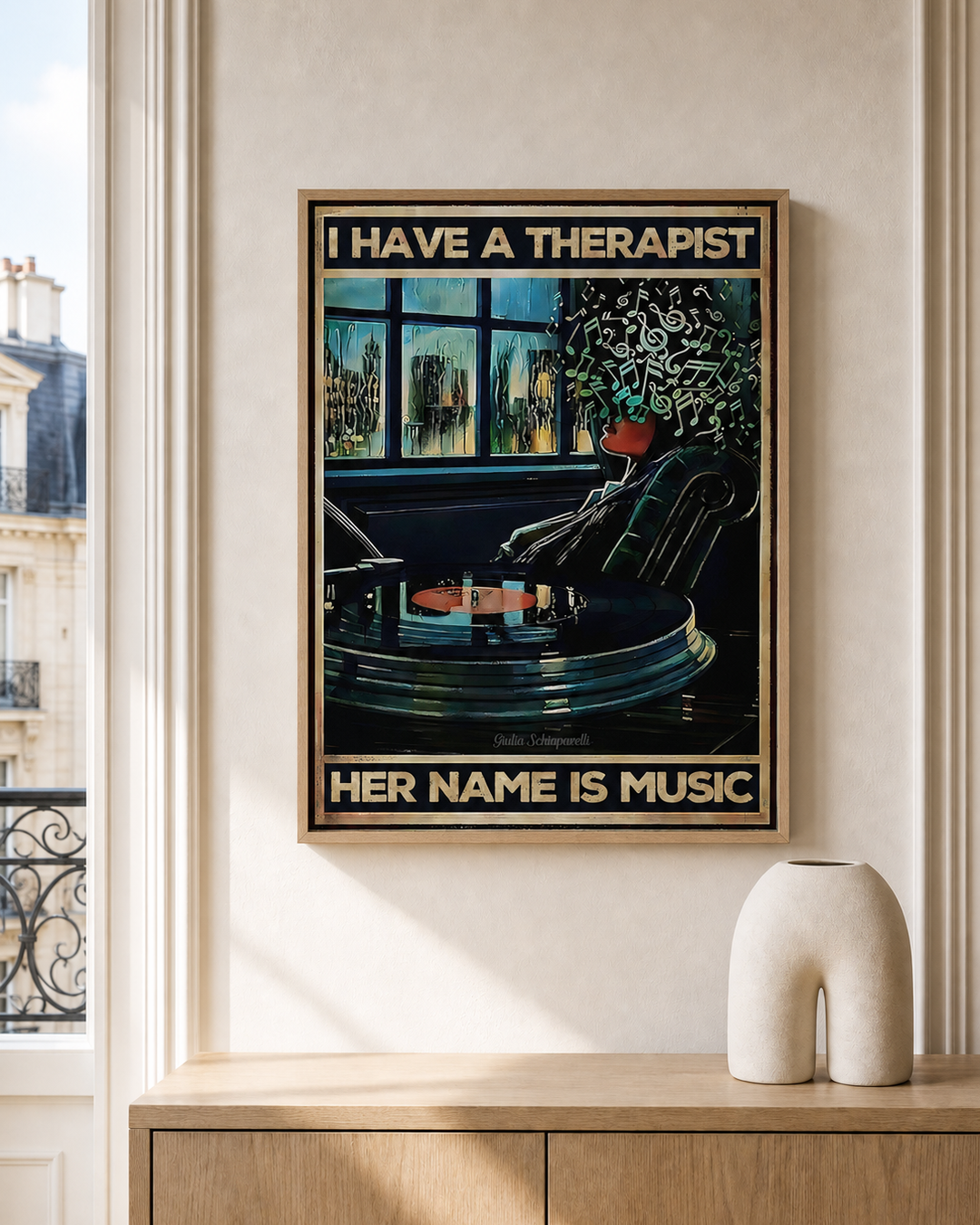 “I have a therapist, her name is music” — cotton-linen canvas, lifestyle A