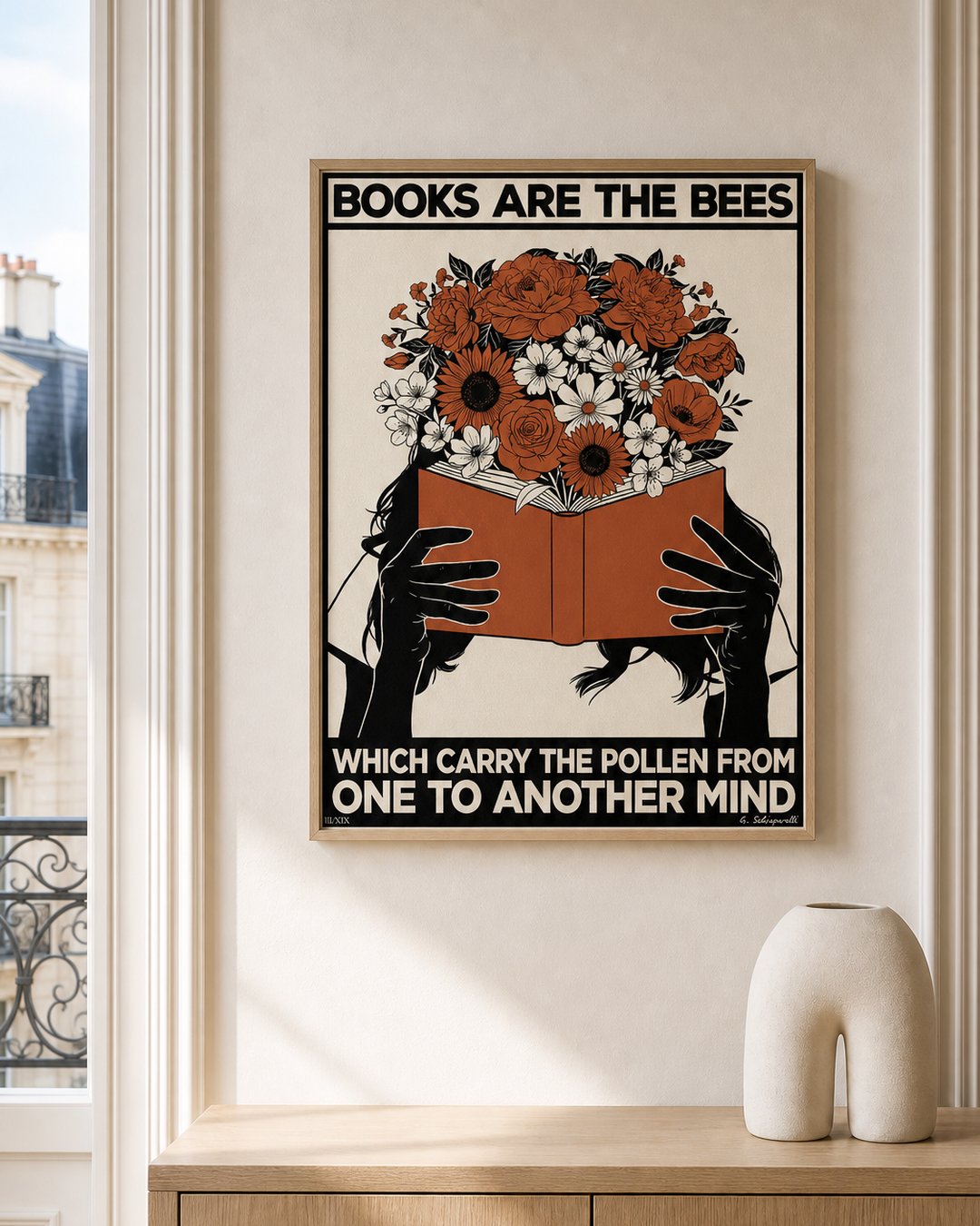 “Books are the bees which carry the pollen from one to another mind — Atelier” — cotton-linen canvas, lifestyle A