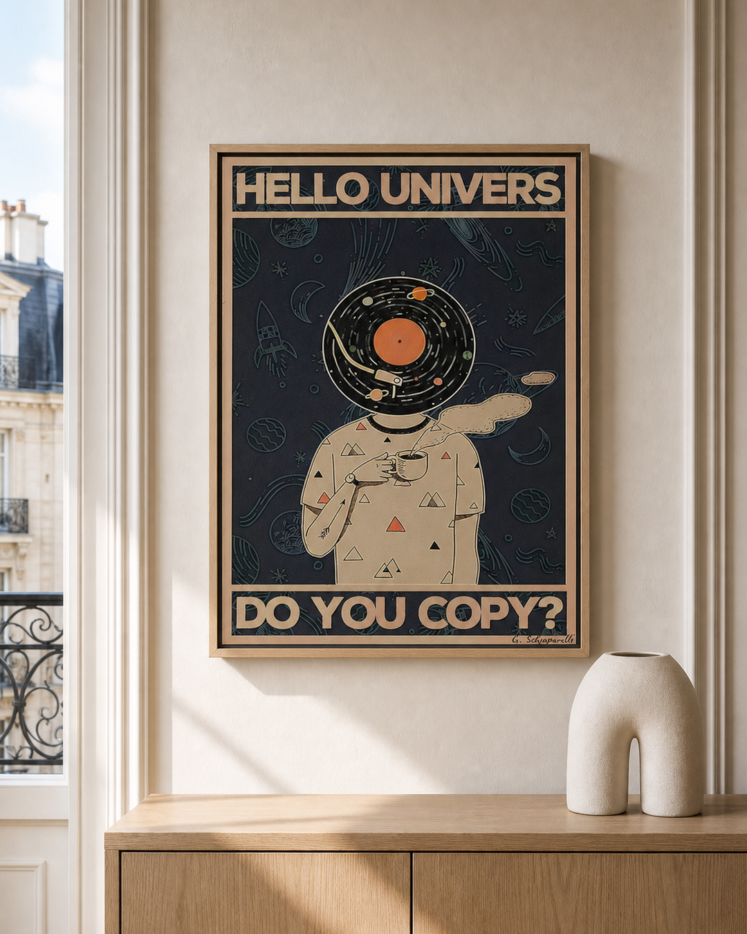 “Hello Universe, do you copy?” — cotton-linen canvas, lifestyle A